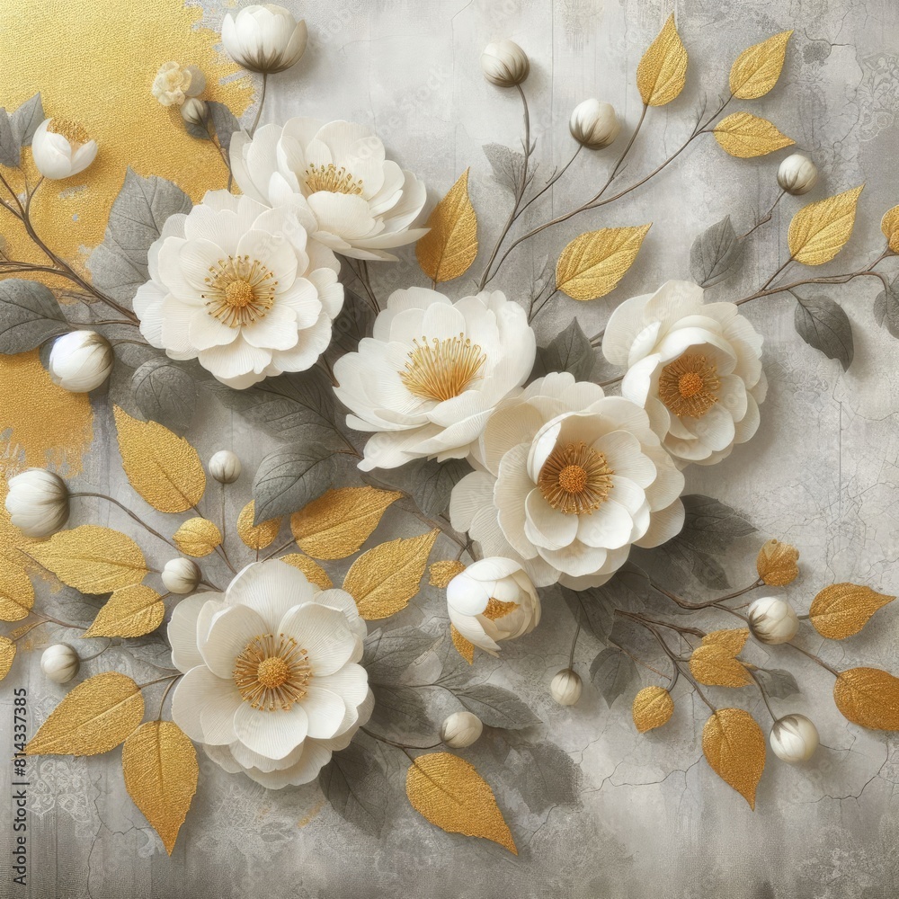 artwork featuring elegant white flowers with golden centers, blossoming against a textured grey background adorned with gold leaf accents. artwork featuring elegant white flowers with golden centers, blossoming against a textured grey background adorned with gold leaf accents.