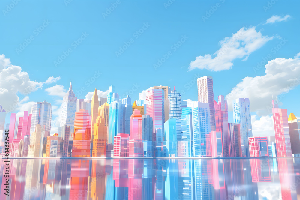 City skyline with colorful buildings and reflections City skyline with colorful buildings and reflections