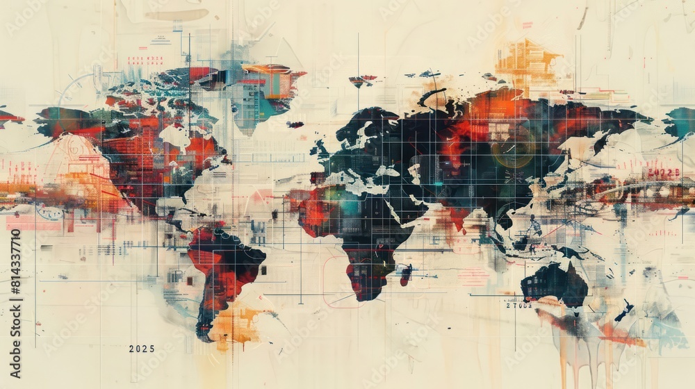 Naklejka premium A world database map where modernity meets data, technology convergence and visualization, a tech vibe. Presenting global information in a visually appealing format