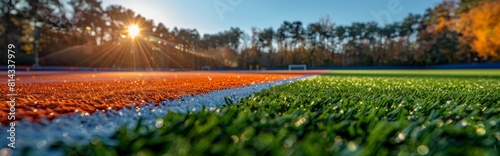 Close-up of artificial turf, grass track and field track on soccer field，Vibrant 4K Wallpaper of Close-Up Football Field with Artificial Turf and Green Grass Track. Dynamic Sports Arena for Soccer Ent photo