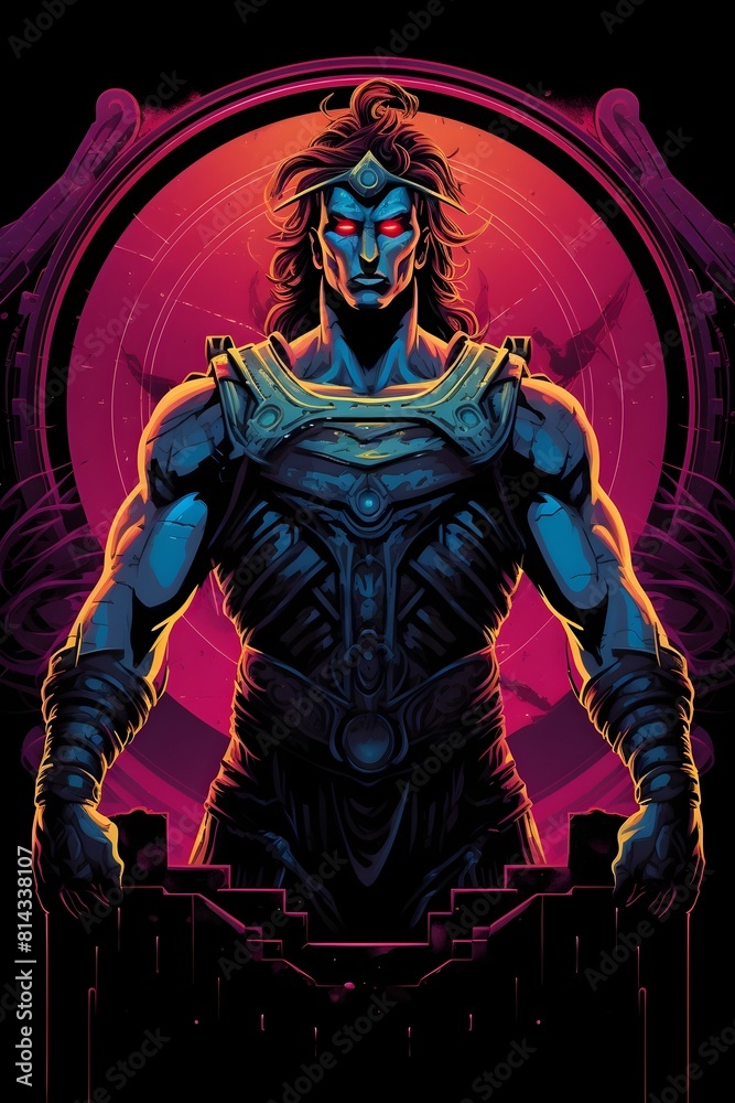 Heroic Warrior in Synthwave Style Theseus Battles the Minotaur in Labyrinth Tee Design