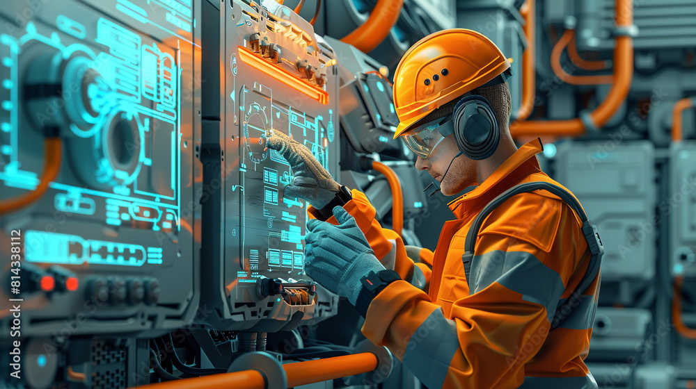 An electrical engineer in protective gear configures a complex control system within an industrial facility.