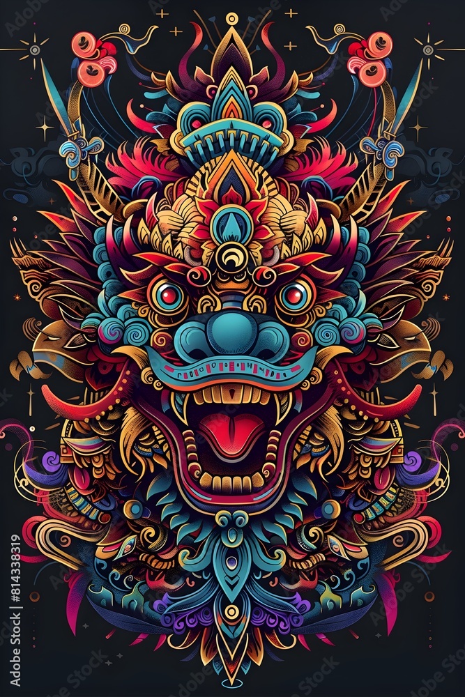 Naklejka premium Intricate Ethnic Tattoo Design Inspired by Traditional Indonesian Motifs in Synthwave Style