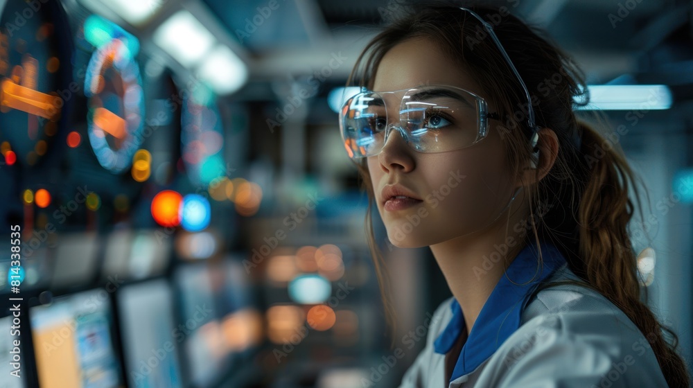 AI-powered industrial automation system. Female engineer inspects smart factory system in control room. Woman in STEM.