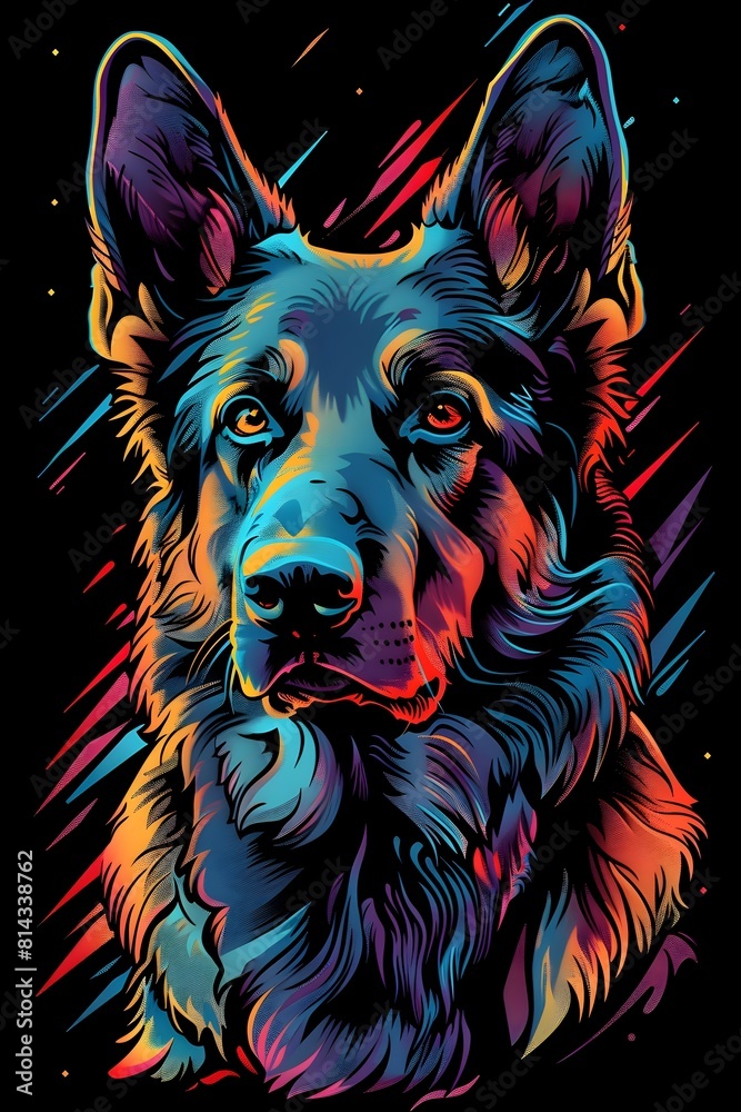 Fototapeta Loyal and Protective German Shepherd in Vibrant Synthwave Esports Logo
