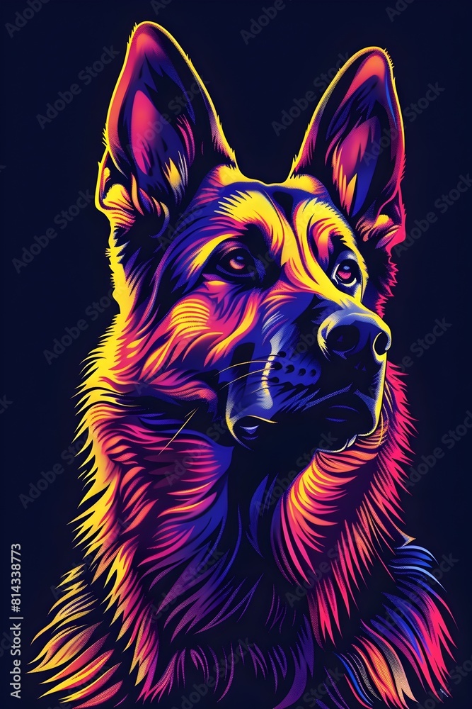 Loyal and Protective German Shepherd Portrayed with Alert Ears and Watchful Gaze Ready to Guard its Owner on Solid Black Background with Synthwave Loyal and Protective German Shepherd Portrayed with Alert Ears and Watchful Gaze Ready to Guard its Owner on Solid Black Background with Synthwave