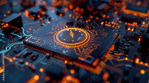 Time Technology Concept with clock symbol on a Microchip. Orange Neon Data flows between Users and the CPU across a Futuristic Motherboard. 3D render
