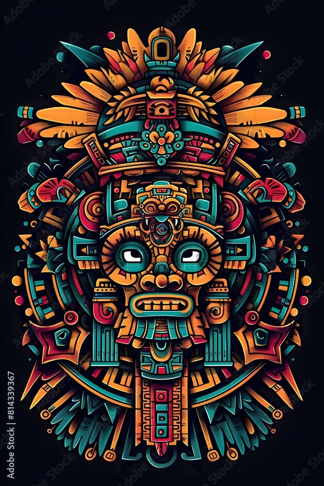 Mayan Inspired Tattoo Design with Colorful Symbols and Motifs on Dark Background Mayan Inspired Tattoo Design with Colorful Symbols and Motifs on Dark Background