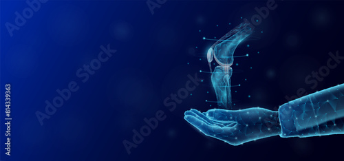 Knee joint bone floats in the nurse doctor hand. Human organ low poly polygon style. On dark blue background with empty copy space for text. Medical health care concept. Vector illustration.