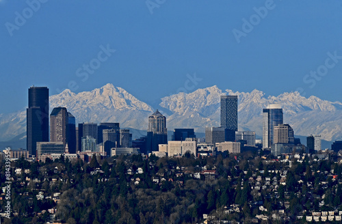 Telephoto view of downtown Seattle with Olympic Mountains in the background as seen from Bellevue 02162024_DSC_9371