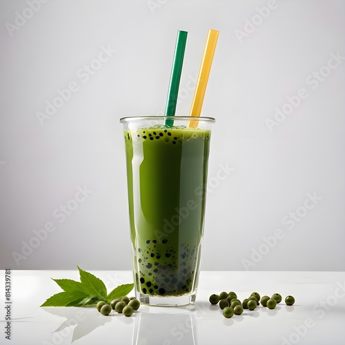 Matcha ice green tea on marble floor It is a delicious and nutritious with green leaves on white background
 photo