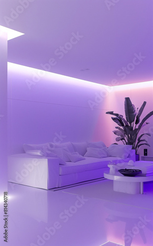 Modern white living room with purple lighting in the style of glitch aesthetic, featuring elements like confessional grid and ceramic.
 photo