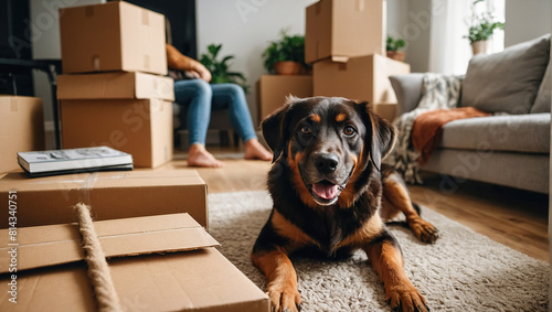  Pets dog moving to new home. Stack of cardboard boxes and dog sitting near cardboard box. Relocation, renovation, delivery service, donation concept