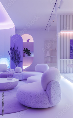 Modern white living room with purple lighting in the style of glitch aesthetic, featuring elements like confessional grid and ceramic.
 photo