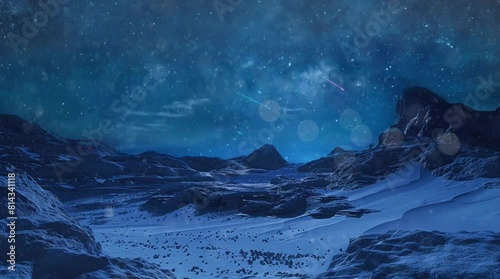 snow covered mountains at night with stars in the sky. cartoon style and arabic theme. 4k illustration animation that runs smoothly and loops. photo