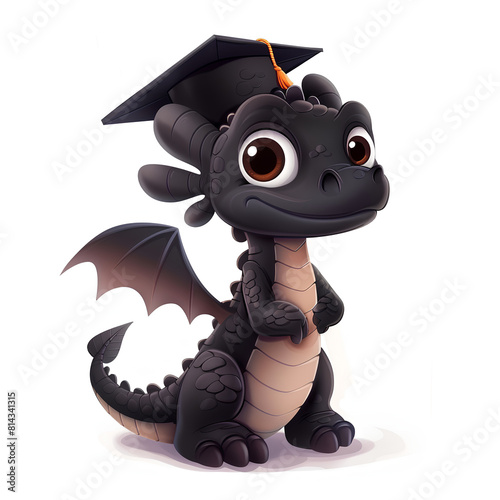 Cartoon Dragon Graduate with Cute Expression, Neutral Background