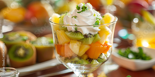 fruit salad in glass with whipped cream, pineapple and kiwi slices on top of the fruit mix, generative AI