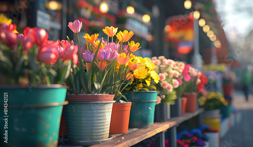 There are many pots of flowers on the shelves outside in spring. Generative AI