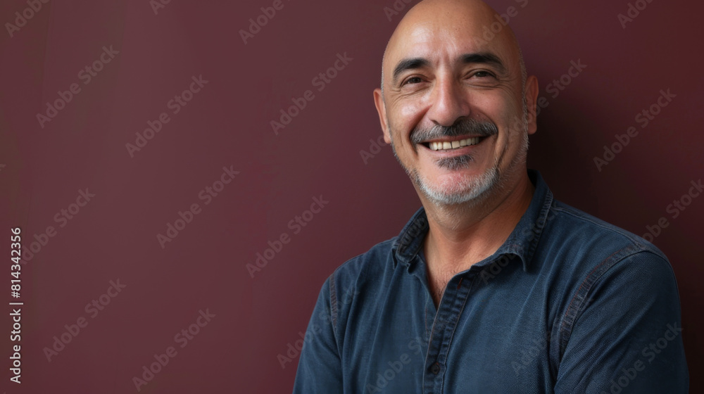 Fototapeta premium A man with a shaved head is smiling, cancer patient with chemotherapy