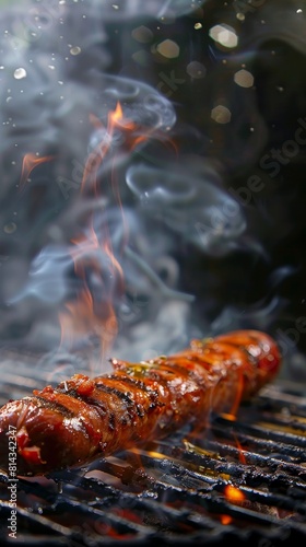 Summer feast: Pork sausages cooking on the grill