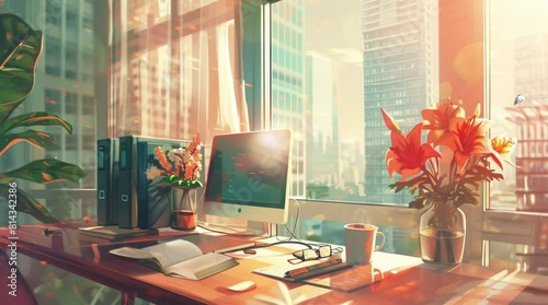 interior of the work space with a view of the city that can be seen from the window. digital painting illustrations with a cartoon style and city theme. seamless looping 4K video digital animation bac photo