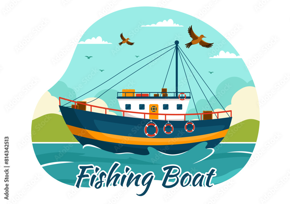 Fishing Boat Vector Illustration with Fishermen Hunting Fish Using Ship at Sea in Flat Cartoon Background Design Fishing Boat Vector Illustration with Fishermen Hunting Fish Using Ship at Sea in Flat Cartoon Background Design