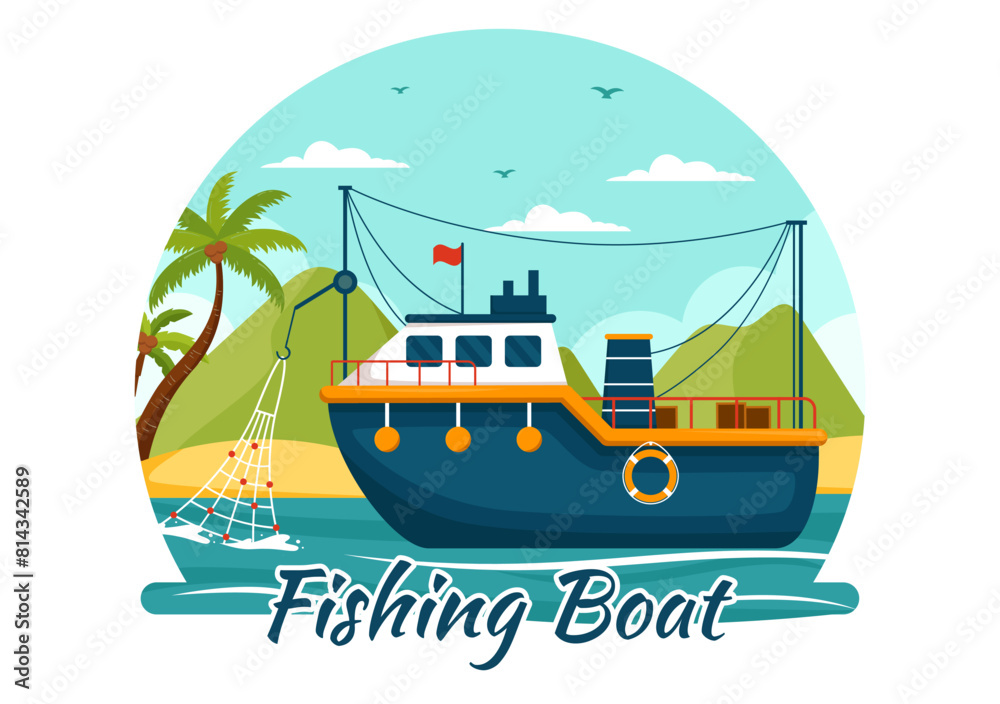 Fishing Boat Vector Illustration with Fishermen Hunting Fish Using Ship at Sea in Flat Cartoon Background Design Fishing Boat Vector Illustration with Fishermen Hunting Fish Using Ship at Sea in Flat Cartoon Background Design