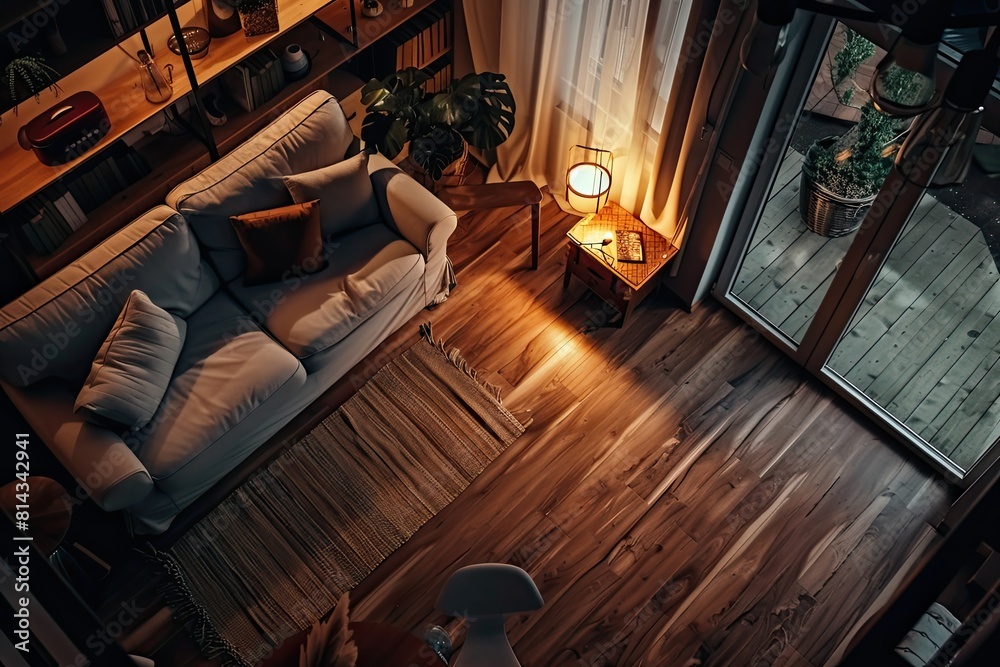 Cozy Living Room with Modern Interior Grey Sofa and Wooden Flooring Lit By Warm Light out of the Window. Top View Camera Shot