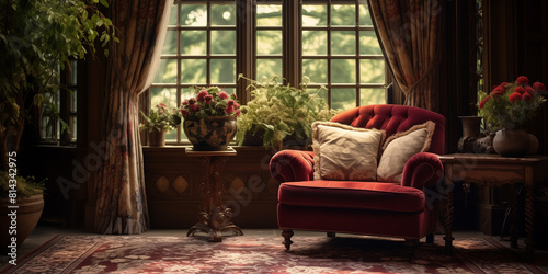An Upholstered armchair in a traditional living room, with a Persian rug and ornate curtains framing a window. © Kaneez
