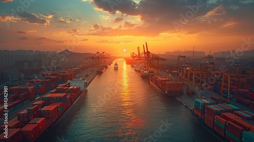 The sun sets over a bustling industrial shipping port, loaded with colorful containers and cranes, highlighting global trade. generative ai
 photo