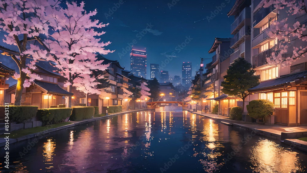 A beautiful japanese tokyo city town in the evening. houses at the street. anime comics artstyle. cozy lofi asian architecture