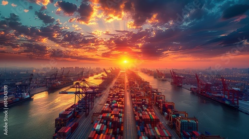 The sun sets over a bustling industrial shipping port, loaded with colorful containers and cranes, highlighting global trade. generative ai
 photo