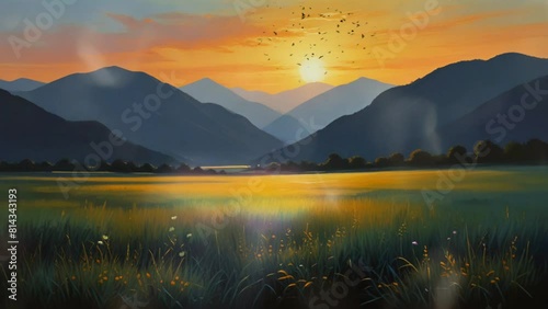 A serene view at dawn behind the high mountains. Watercolor painting illustration style. seamless looping virtual video animation background. photo