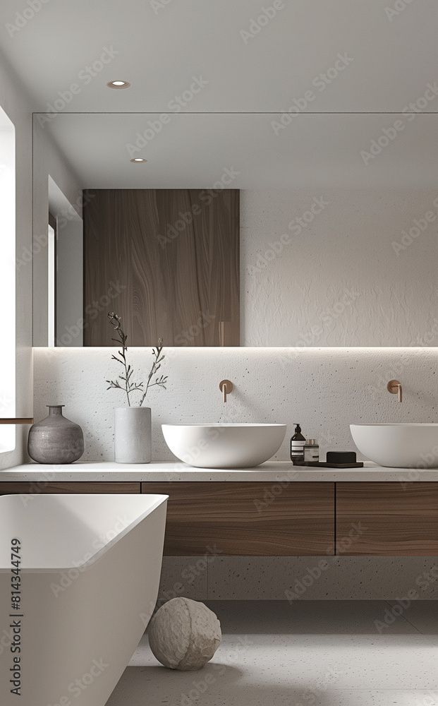 Modern bathroom with clean lines and neutral tones in Scandinavian simplicity style, featuring soft white walls.
Modern bathroom with clean lines and neutral tones in Scandinavian simplicity style, featuring soft white walls.
