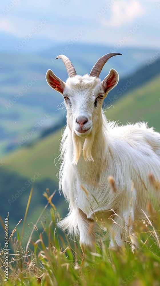 Obraz premium goat with landscape and grassland background