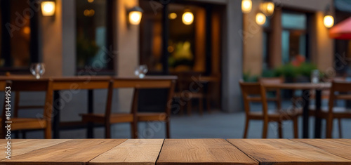 Empty wooden table in front of blurred cafe or restaurant  Food poster or menu display concept