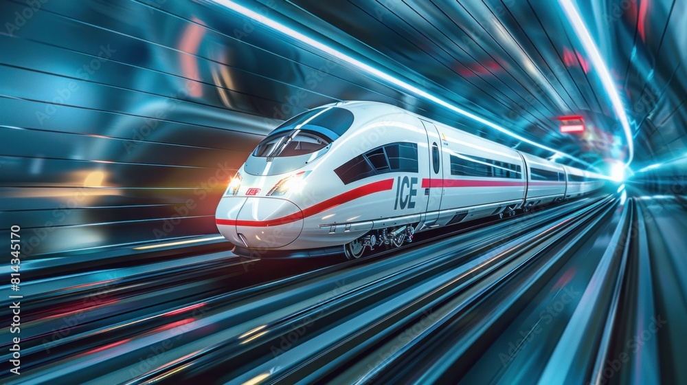Futuristic high-speed train moving through a digitally enhanced tunnel, showcasing modern transportation technology Futuristic high-speed train moving through a digitally enhanced tunnel, showcasing modern transportation technology