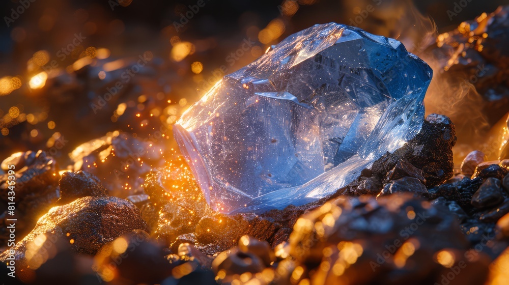 A photorealistic depiction of a rough sapphire being extracted from the rock A photorealistic depiction of a rough sapphire being extracted from the rock