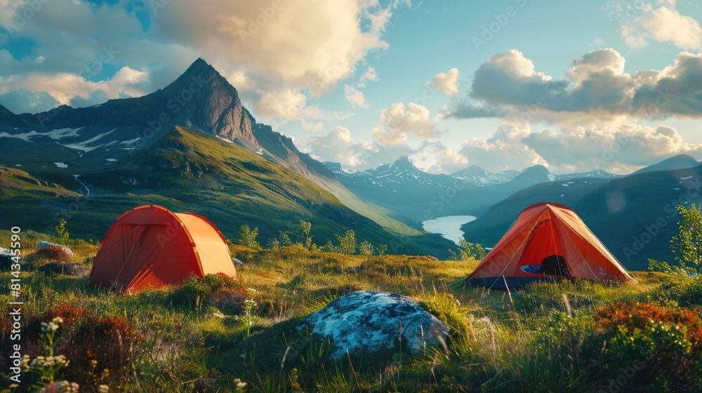 Two Tents pitched up in the Highlands. Camping / Active Lifestyle Concept with Dramatic Mountain Scenery