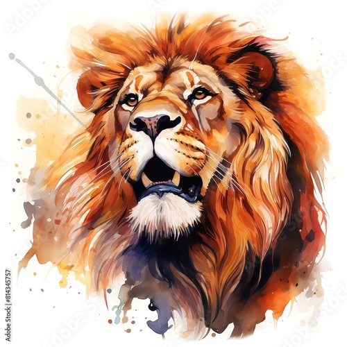 A watercolor painting of a lion s face with a white background