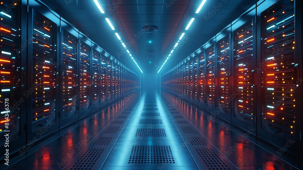 A photorealistic shot of the inside of a data center with rows of servers A photorealistic shot of the inside of a data center with rows of servers