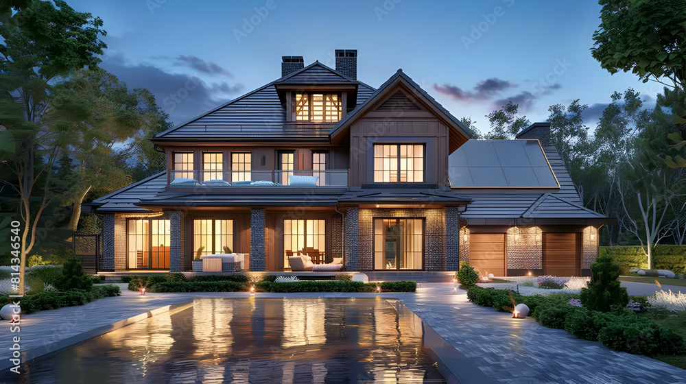 3d rendering of modern cozy chalet with pool and parking for sale or rent. Massive timber beams columns. Beautiful forest mountains on background. Clear summer night with many stars on the sky
