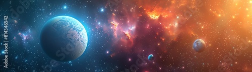 3D cosmic scene with vibrant planets and stars, top view, Outer space adventure, advanced tone, Triadic Color Scheme photo