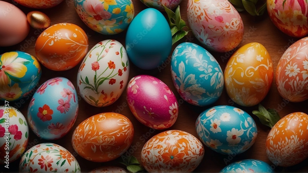 Easter day background in a field of flowers and eggs Easter day background in a field of flowers and eggs
