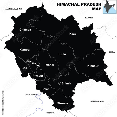 Detailed Silhouette vector Illustration of Himachal Pradesh District map with neighbour state and country.