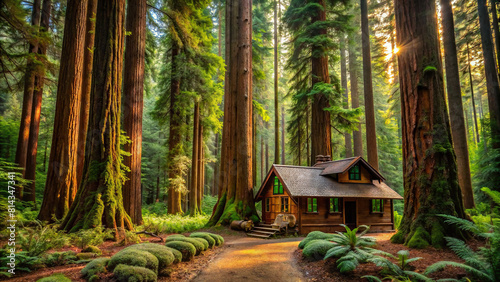 A cozy cabin nestled among towering redwoods in the heart of a lush forest 