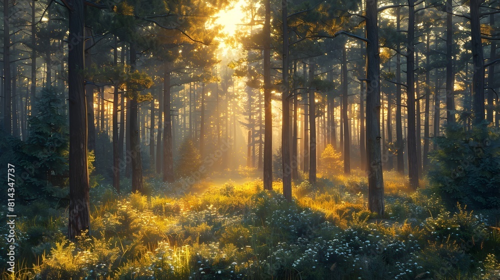 Fototapeta premium Captivating Golden Hour Forest Landscape with Serene Sunlight and Shadows