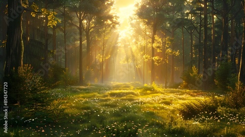 Tranquil Forest Landscape with Dappled Sunlight and Lush Foliage During Golden Hour © TEERAWAT