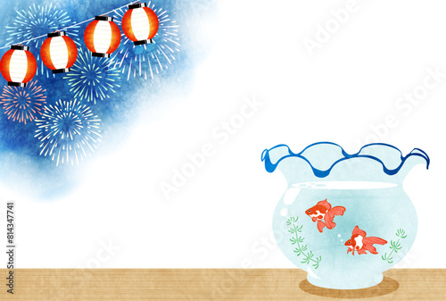 暑中見舞いはがき、金魚、花火、イラスト、水彩、かわいい、横