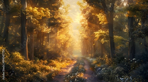 Tranquil Forest Landscape with Dappled Sunlight and Serene Atmosphere